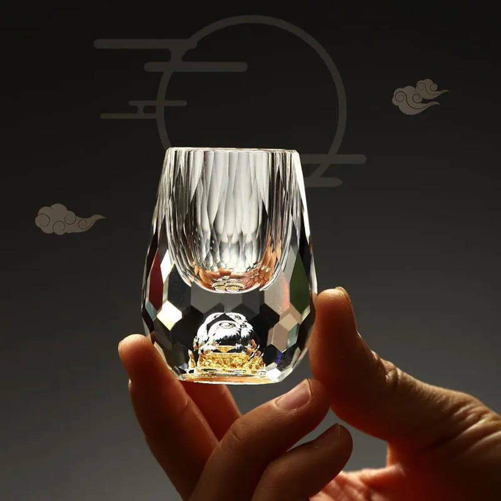 Elegant Gold Foil Crystal Glass – Double Bottom Design for Vodka, Sake & Luxury Gifts