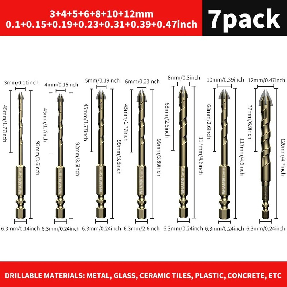 Cross Hex Tile Drill Bit Set, Tungsten Carbide Hard Alloy Bits for Glass, Concrete & Ceramic Tiles