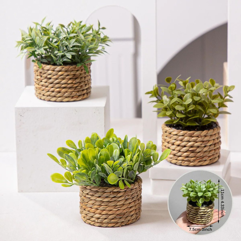 FLOWER Green Artificial Plants  Small Potted Eucalyptus Grass Mound Material Woven Home Decoration  0