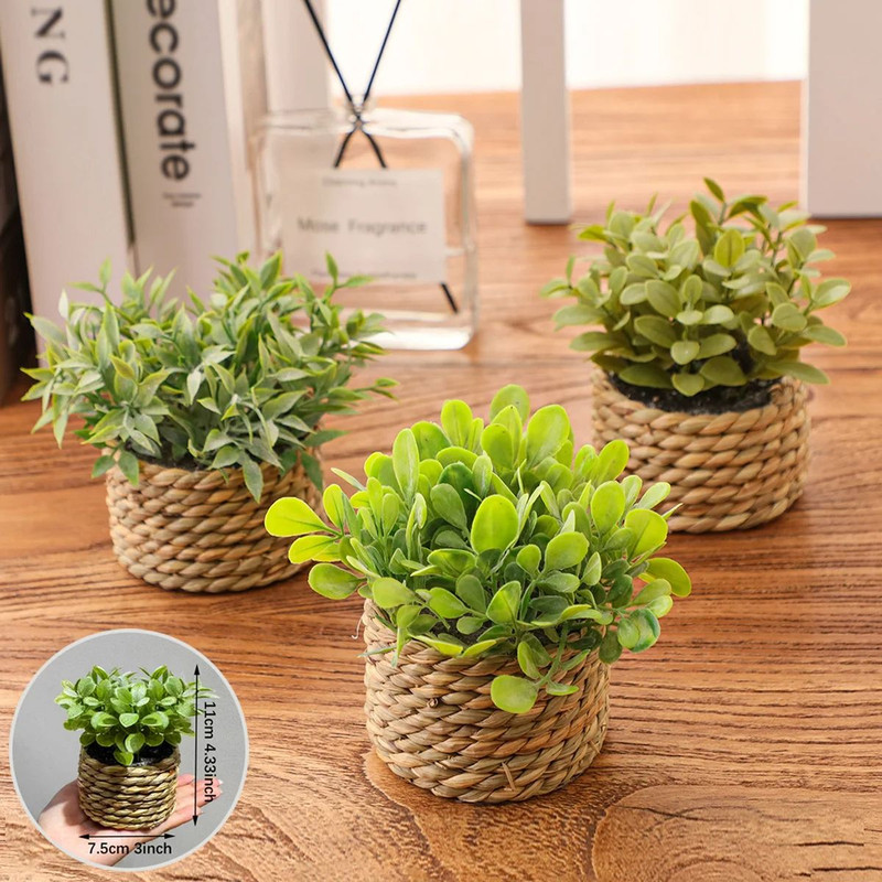 FLOWER Green Artificial Plants  Small Potted Eucalyptus Grass Mound Material Woven Home Decoration  1