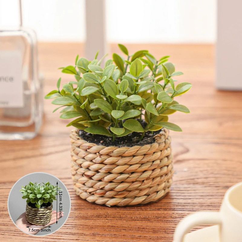 FLOWER Green Artificial Plants  Small Potted Eucalyptus Grass Mound Material Woven Home Decoration  3