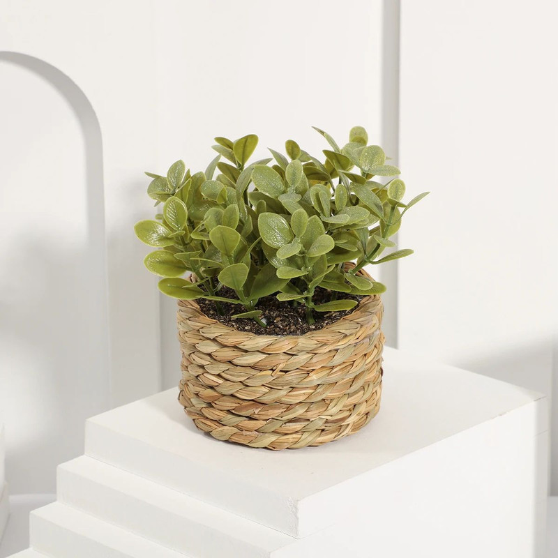 FLOWER Green Artificial Plants  Small Potted Eucalyptus Grass Mound Material Woven Home Decoration  7