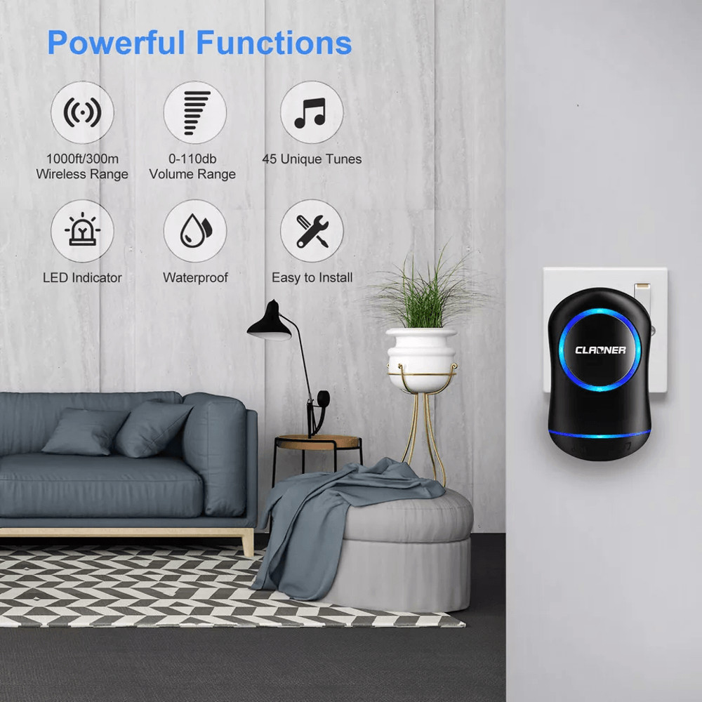 Wireless Doorbell Plug Play Waterproof Door Bell Kit 45 Chimes LED Flash 4 Volume Levels 2