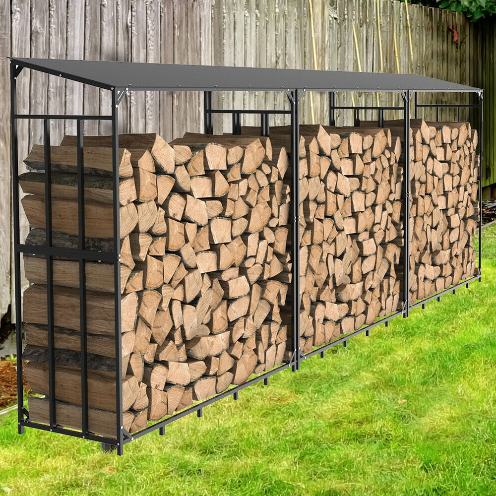 Heavy Duty Tall Metal Firewood Rack with Top Cover, Outdoor Wood Storage Stacking Stand for Deck & Backyard