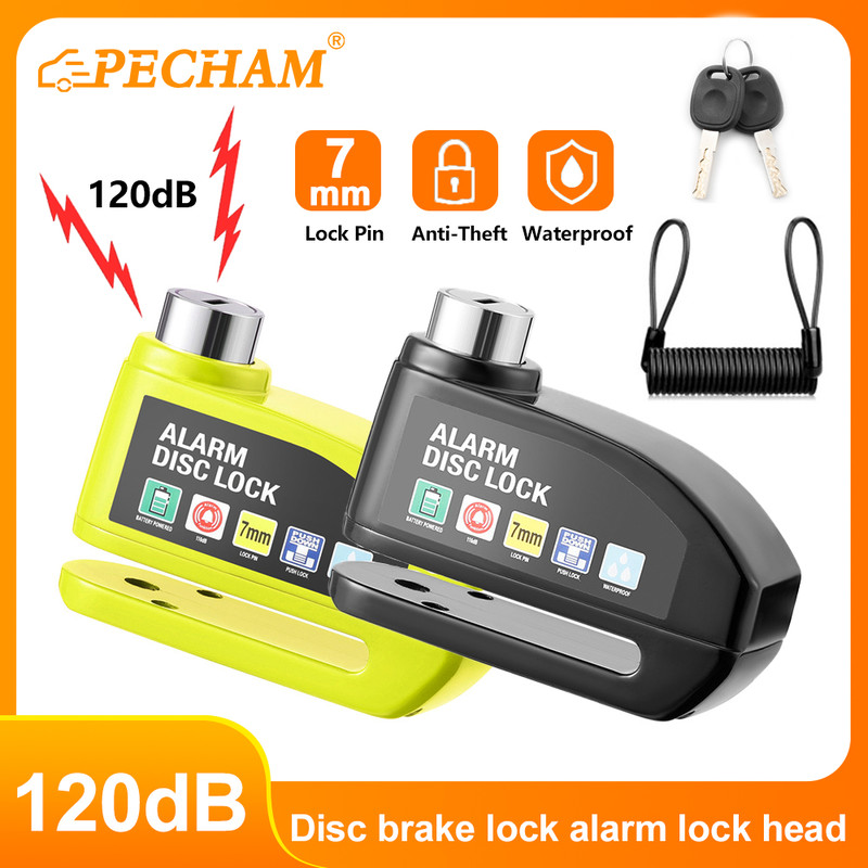 Motorcycle Alarm Disc Brake Lock 120dB Loud Anti-Theft Wheel Padlock, Waterproof Moto Security Disc Lock for Scooter