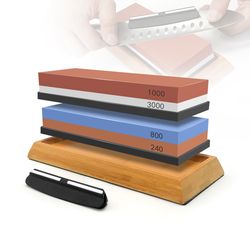 professional sharpening stones knife sharpener kit, double-side whetstone grinder stone with bamboo base & angle guide