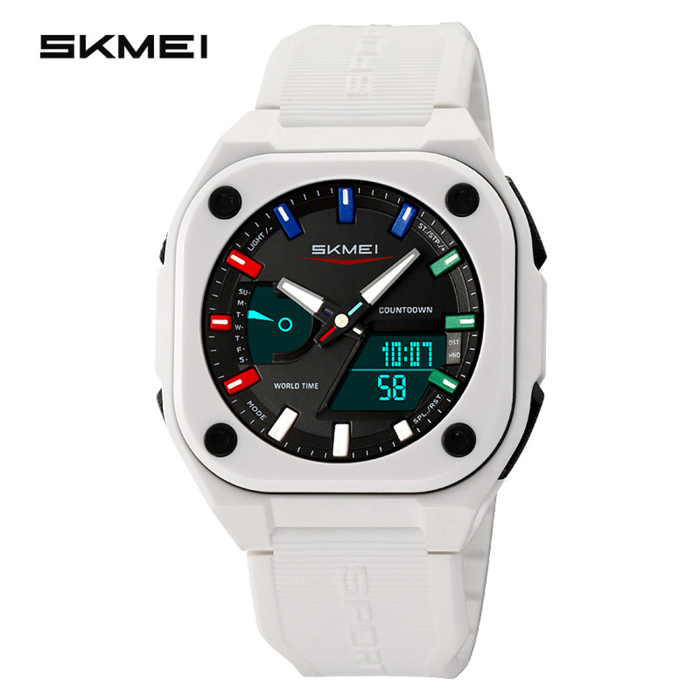 Men Dual Time Electronic Watch, 5 Alarm, Countdown Timer, Waterproof with Date, Week, Daylight Saving