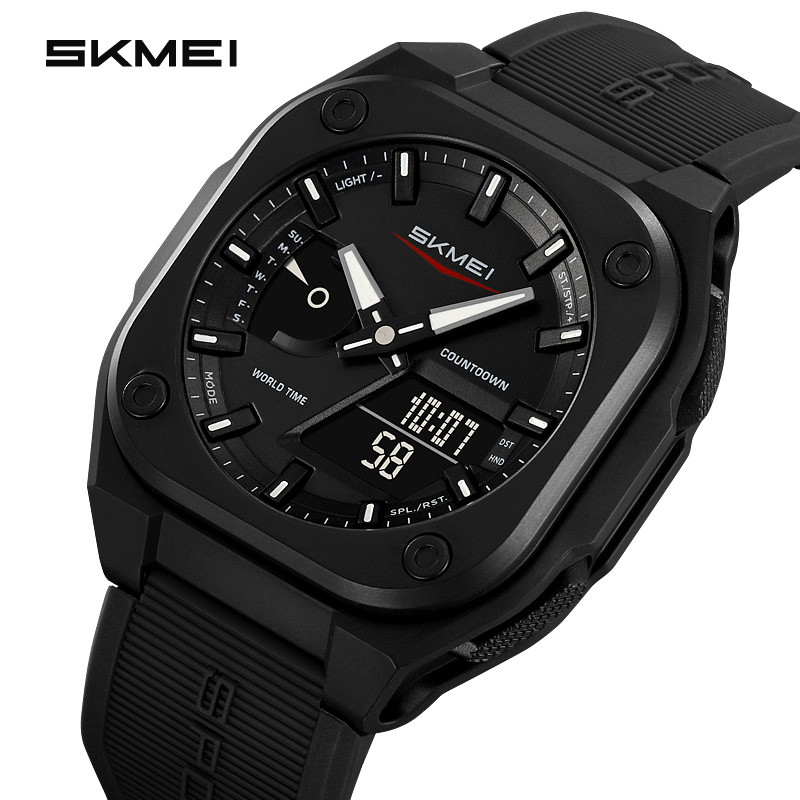 Men Dual Time Electronic Watch, 5 Alarm, Countdown Timer, Waterproof with Date, Week, Daylight Saving