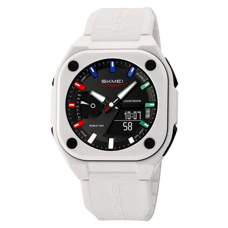 Men Dual Time Electronic Watch, 5 Alarm, Countdown Timer, Waterproof with Date, Week, Daylight Saving