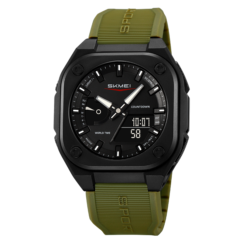 Men Dual Time Electronic Watch, 5 Alarm, Countdown Timer, Waterproof with Date, Week, Daylight Saving