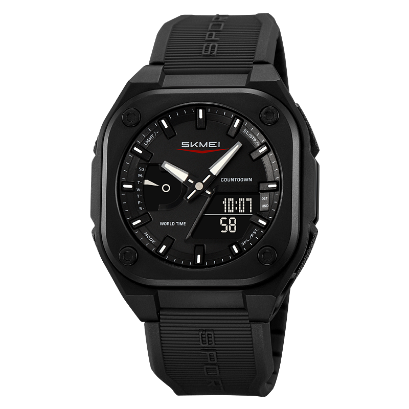 Men Dual Time Electronic Watch, 5 Alarm, Countdown Timer, Waterproof with Date, Week, Daylight Saving