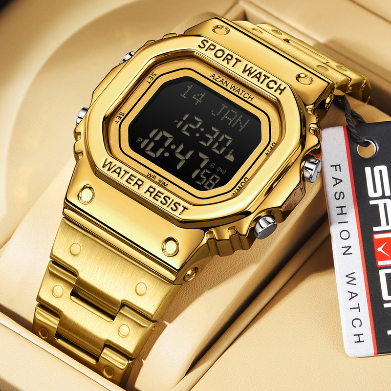 Waterproof Digital Men Watch, LED Chronograph Date Display, Luminous Golden Strap Wristwatch for Men