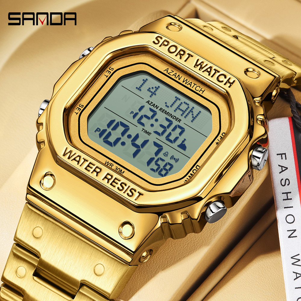 Waterproof Digital Men Watch, LED Chronograph Date Display, Luminous Golden Strap Wristwatch for Men