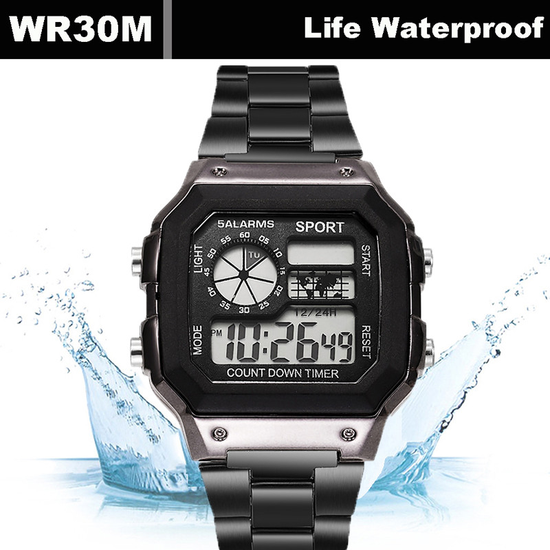 Men Digital Watch Stainless Steel Strap, Waterproof Countdown Sport Watches, LED Electronic Wristwatch for Gift