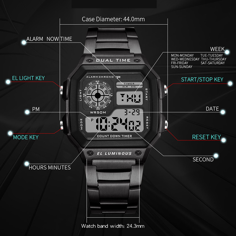 Men Digital Watch Stainless Steel Strap, Waterproof Countdown Sport Watches, LED Electronic Wristwatch for Gift