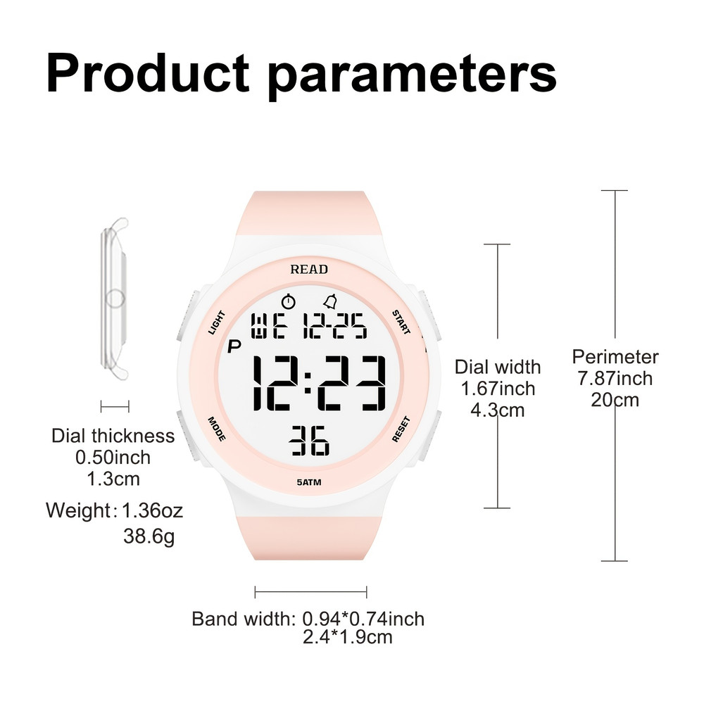 Women Sport Digital Watch with LED HD Display, Waterproof Fitness Tracker, Alarm Chronograph, Silicone Strap