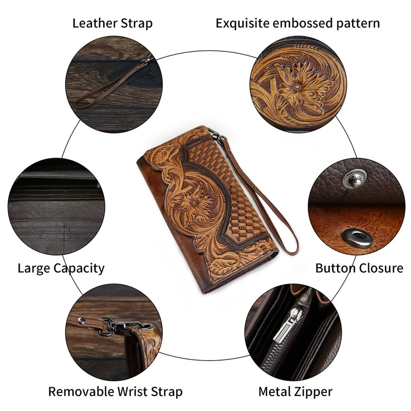 Genuine Leather Long Ladies Wallets For Woman, MOTAORA Vintage Embossed Women's Wallet, Clutch Purse Organizer