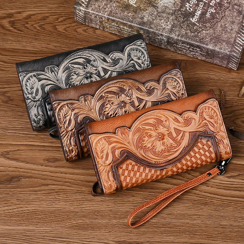 Genuine Leather Long Ladies Wallets For Woman, MOTAORA Vintage Embossed Women's Wallet, Clutch Purse Organizer