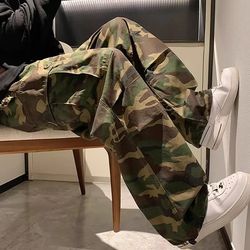trendy vintage camouflage cargo pants for men, loose-fit straight-leg high street hip-hop style wide-leg trouser
