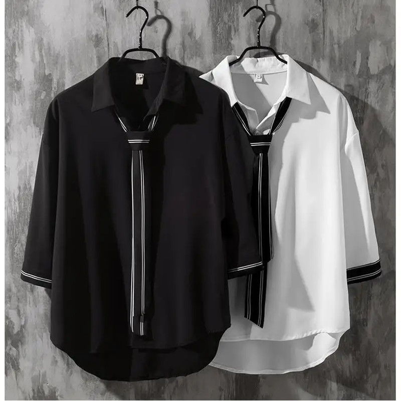 Spring Autumn Popular INS Short Sleeves Japanese Style Casual Shirt Mens Loose-Fit White Collar Button-Up Top for Summer