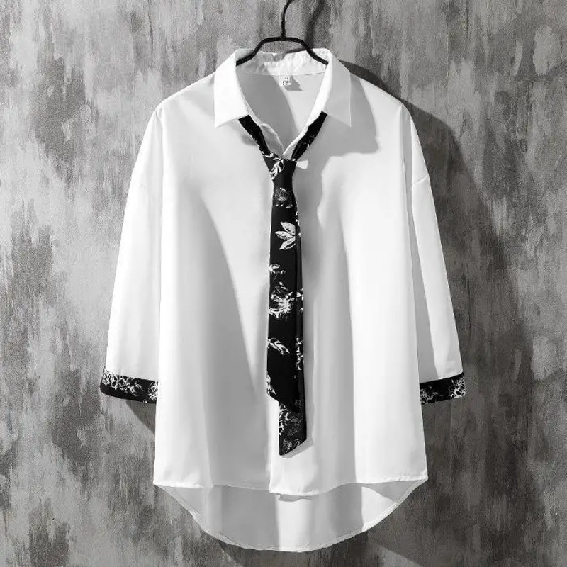 Spring Autumn Popular INS Short Sleeves Japanese Style Casual Shirt Mens Loose-Fit White Collar Button-Up Top for Summer