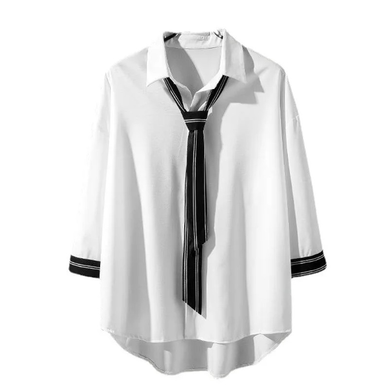 Spring Autumn Popular INS Short Sleeves Japanese Style Casual Shirt Mens Loose-Fit White Collar Button-Up Top for Summer