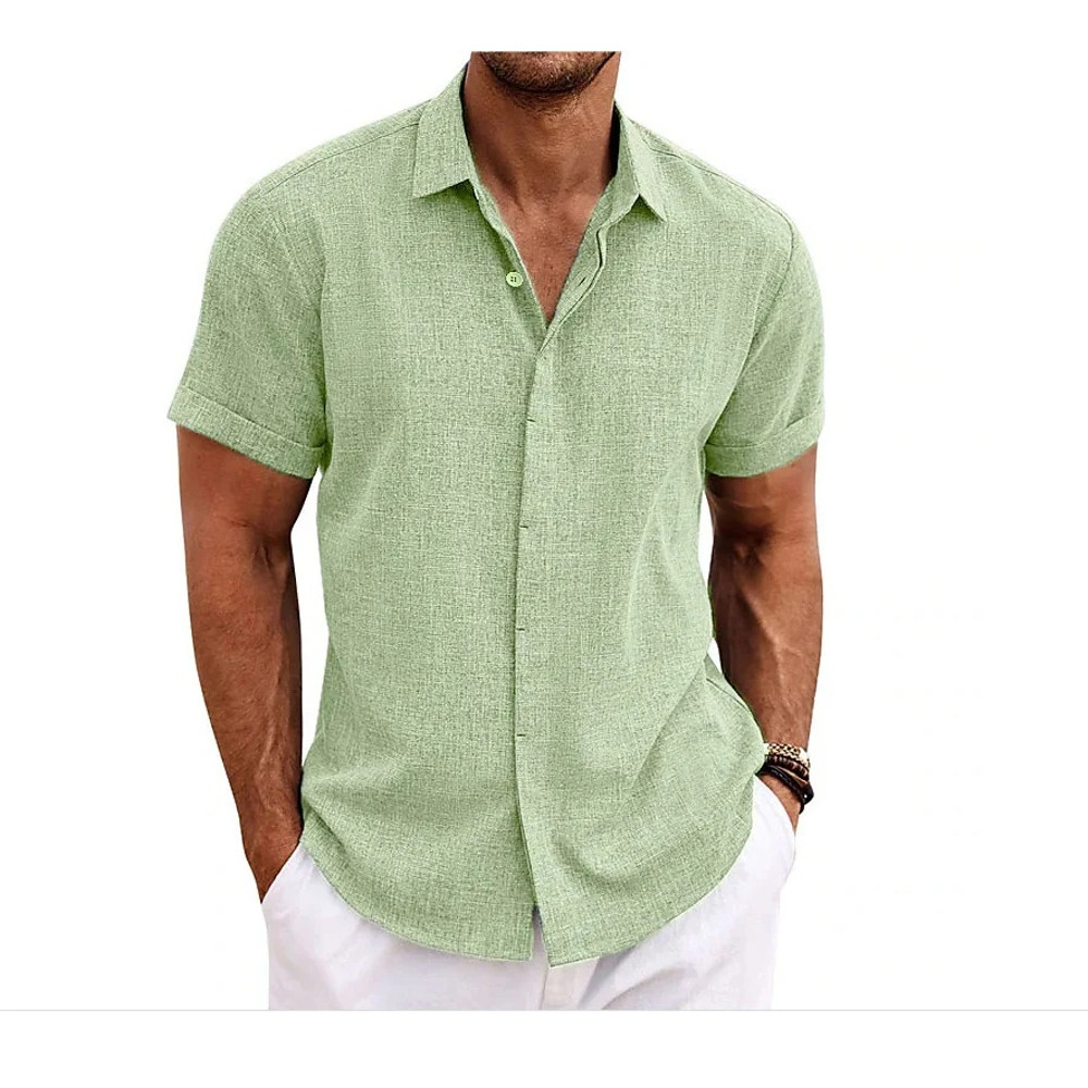 Premium Cotton Linen Mens Cardigan Shirt, Double Placket Short Sleeves Lapel Shirt for Summer, Home Cross-Border Style