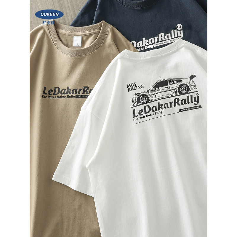 DUKEEN Cotton Men Graphic T-Shirts, Vintage F1 Car Printed Oversized Tee Heavyweight Summer T-Shirt for Men