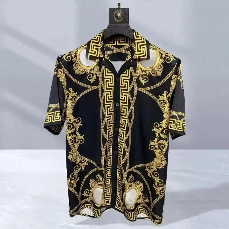 Men high-quality short sleeved shirt with luxurious golden Baroque string print, Cuban collar shirt, suitable for street