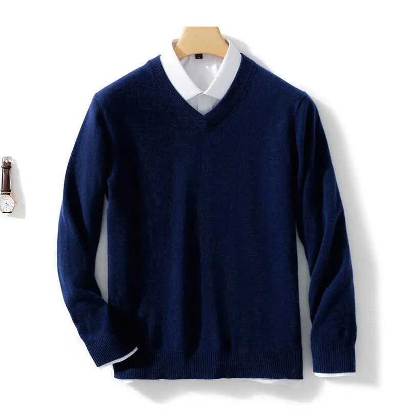 Mens Soft Cashmere Sweater, Autumn Winter Pullover Slim Fit V-Neck Knitted Woolen Knitwear for Business Casual Wear