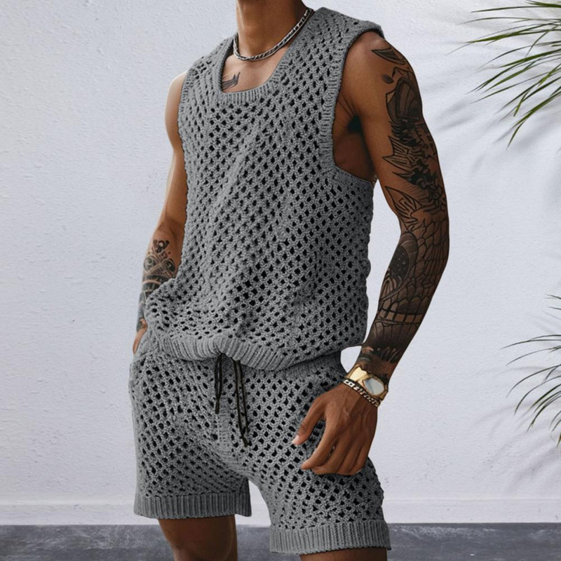 Men's Vest Shorts Set, Casual Sleeveless Knit Top & Elastic Waist Wide Leg Shorts for Daily Wear