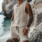 Men's Vest Shorts Set, Casual Sleeveless Knit Top & Elastic Waist Wide Leg Shorts for Daily Wear