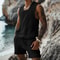 Men's Vest Shorts Set, Casual Sleeveless Knit Top & Elastic Waist Wide Leg Shorts for Daily Wear