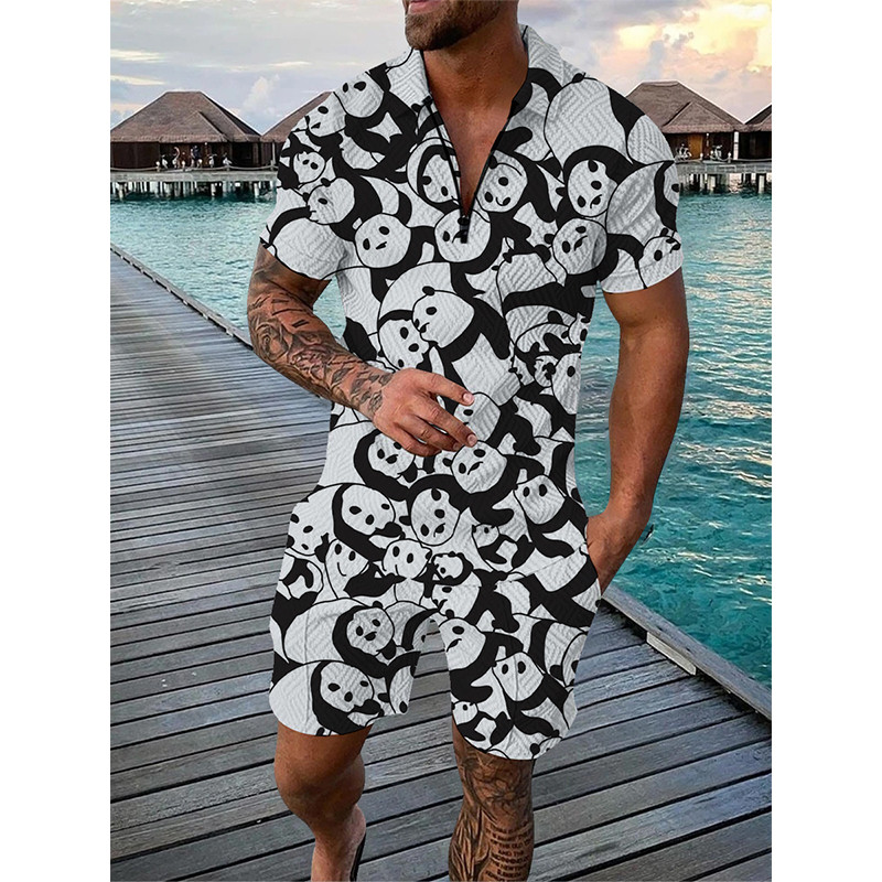 Summer Men Tracksuit Set Duck Panda 3D Print Oversized Streetwear Short Sleeve Zipper Polo Shirt & Shorts