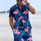 Mens Flame Bird Printed Short-Sleeved Shirt & Hawaiian Sports Shorts Set, Casual Summer Beach Outfit