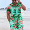 Mens Flame Bird Printed Short-Sleeved Shirt & Hawaiian Sports Shorts Set, Casual Summer Beach Outfit