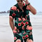 Mens Flame Bird Printed Short-Sleeved Shirt & Hawaiian Sports Shorts Set, Casual Summer Beach Outfit