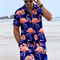 Mens Flame Bird Printed Short-Sleeved Shirt & Hawaiian Sports Shorts Set, Casual Summer Beach Outfit