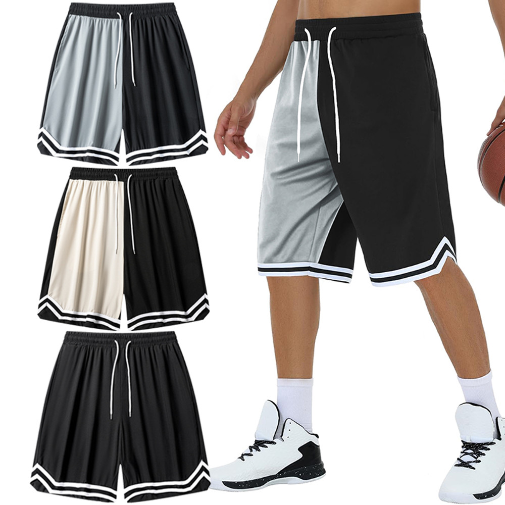 Mens Colorblock Striped Basketball Shorts, Quick Dry Athletic Gym Shorts with Pockets & Drawstring Waist for Workout