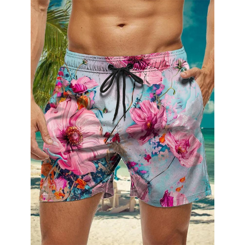 Trendy Floral Graphic Short Pants for Men, 3D Printed Hawaiian Beach Shorts Summer Fashion Vacation Oversized Swim Trunk