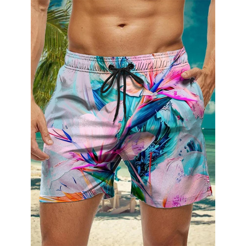Trendy Floral Graphic Short Pants for Men, 3D Printed Hawaiian Beach Shorts Summer Fashion Vacation Oversized Swim Trunk
