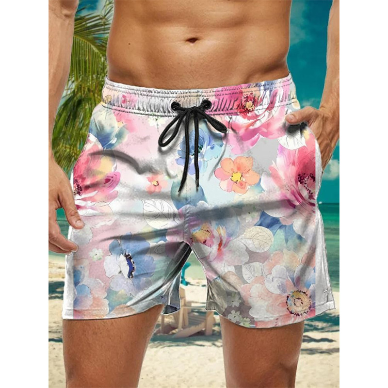 Trendy Floral Graphic Short Pants for Men, 3D Printed Hawaiian Beach Shorts Summer Fashion Vacation Oversized Swim Trunk