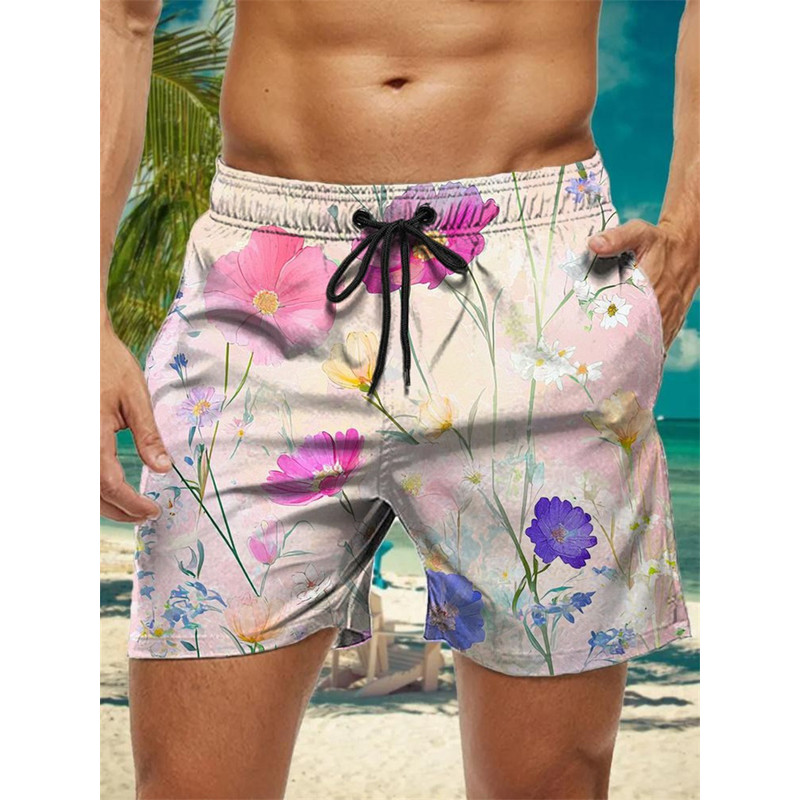 Trendy Floral Graphic Short Pants for Men, 3D Printed Hawaiian Beach Shorts Summer Fashion Vacation Oversized Swim Trunk