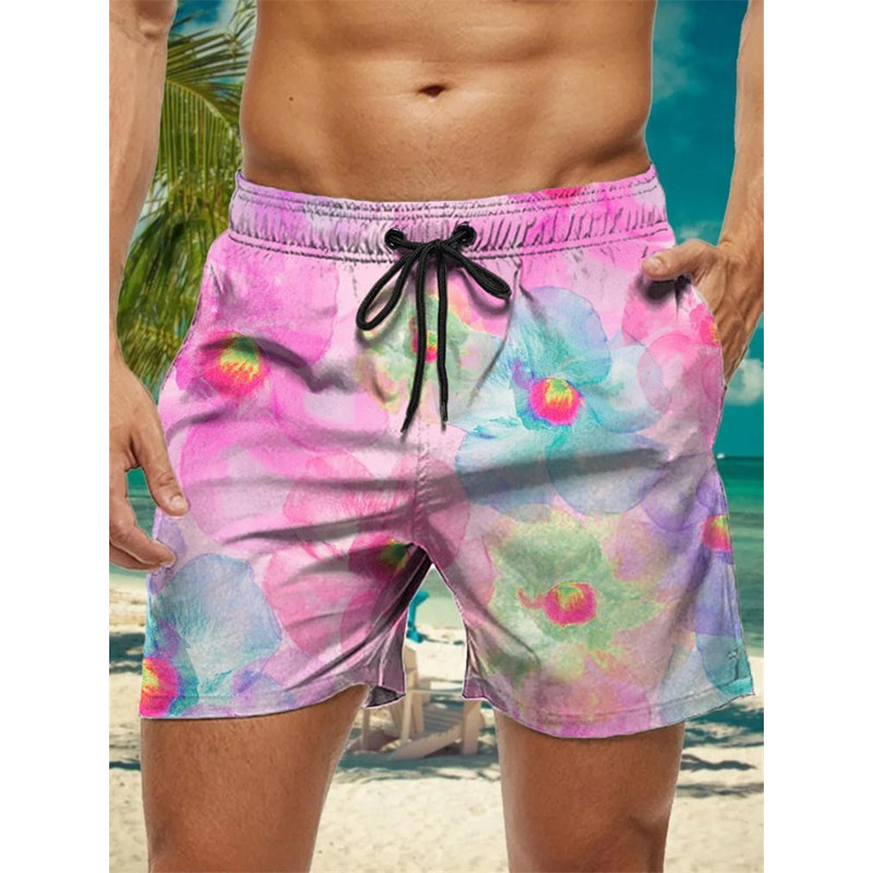 Trendy Floral Graphic Short Pants for Men, 3D Printed Hawaiian Beach Shorts Summer Fashion Vacation Oversized Swim Trunk