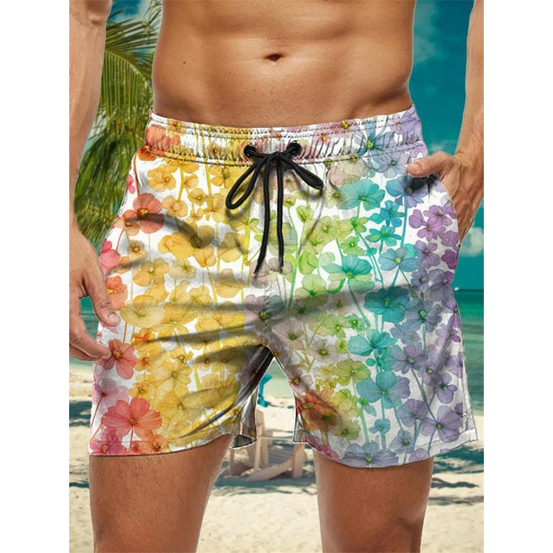 Trendy Floral Graphic Short Pants for Men, 3D Printed Hawaiian Beach Shorts Summer Fashion Vacation Oversized Swim Trunk
