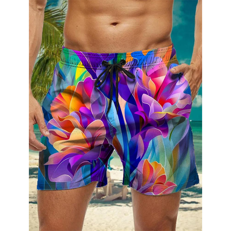 Trendy Floral Graphic Short Pants for Men, 3D Printed Hawaiian Beach Shorts Summer Fashion Vacation Oversized Swim Trunk