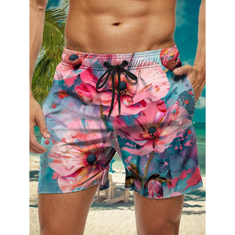 Trendy Floral Graphic Short Pants for Men, 3D Printed Hawaiian Beach Shorts Summer Fashion Vacation Oversized Swim Trunk
