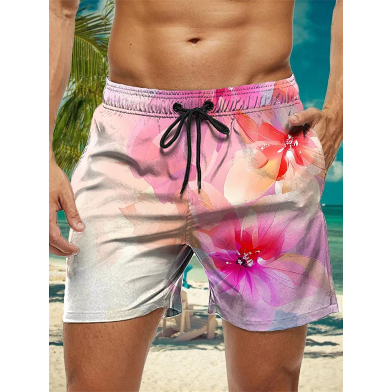 Trendy Floral Graphic Short Pants for Men, 3D Printed Hawaiian Beach Shorts Summer Fashion Vacation Oversized Swim Trunk