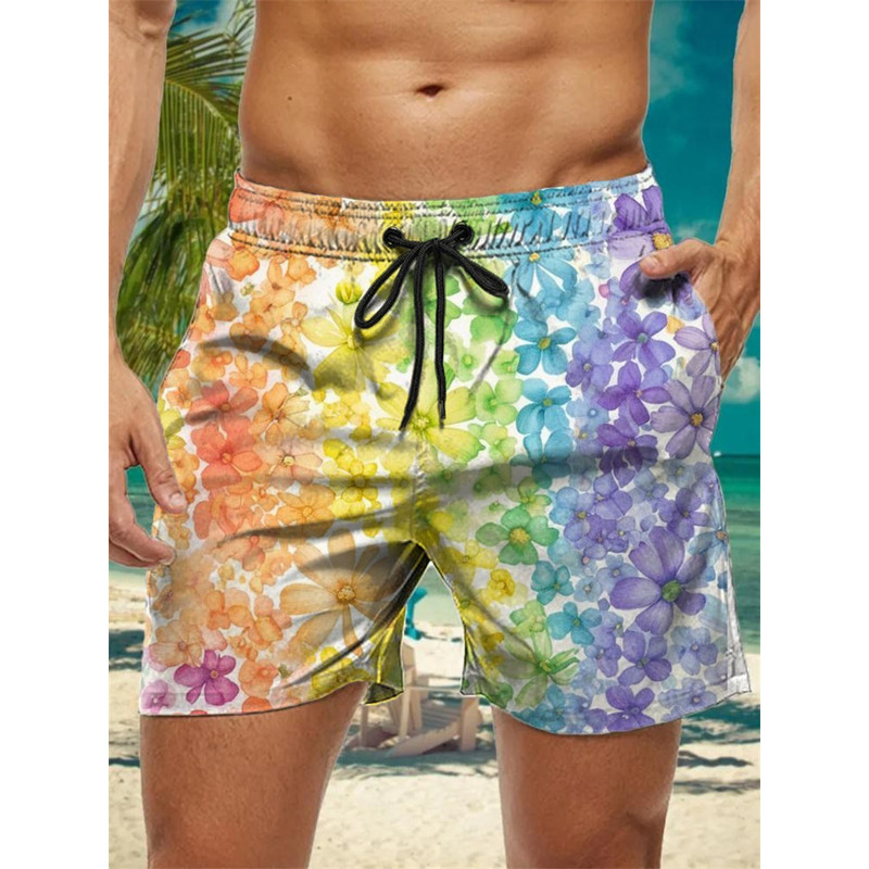 Trendy Floral Graphic Short Pants for Men, 3D Printed Hawaiian Beach Shorts Summer Fashion Vacation Oversized Swim Trunk