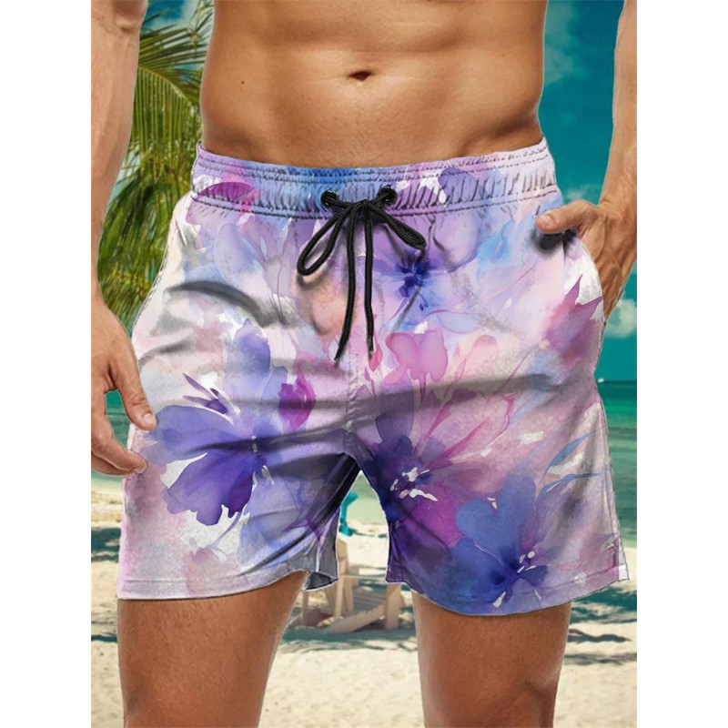 Trendy Floral Graphic Short Pants for Men, 3D Printed Hawaiian Beach Shorts Summer Fashion Vacation Oversized Swim Trunk